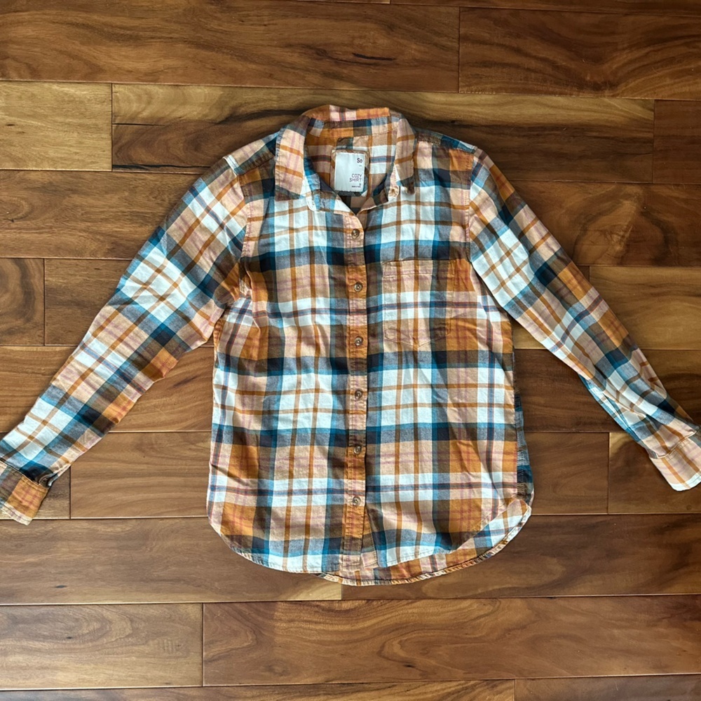 SO Orange and White Plaid Flannel Button Down Shirt size Small